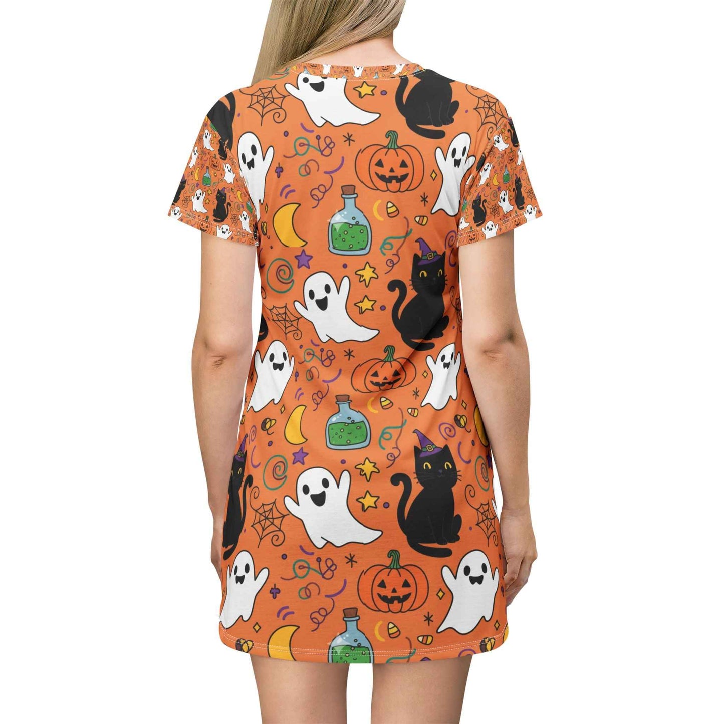 Orange Halloween T-Shirt Dress with Spooky Ghost and Black Cat Pattern