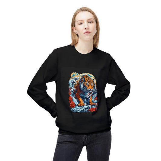 Woman wearing black essentials hoodie with bold tiger art design, comfortable streetwear