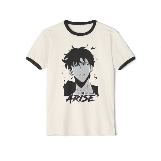 White t-shirt with black anime character graphic, blue eyes, and 'ARISE' text, Ghita Shop apparel.