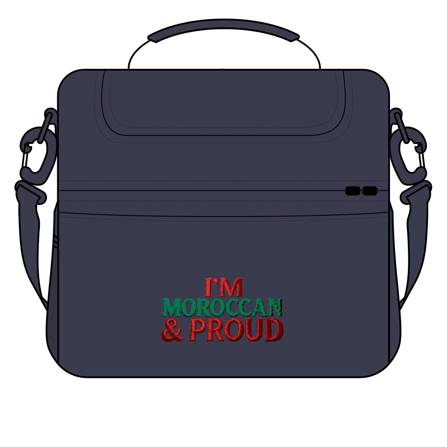 Black shoulder bag with 'I'M MOROCCAN & PROUD' text in red and green embroidery.