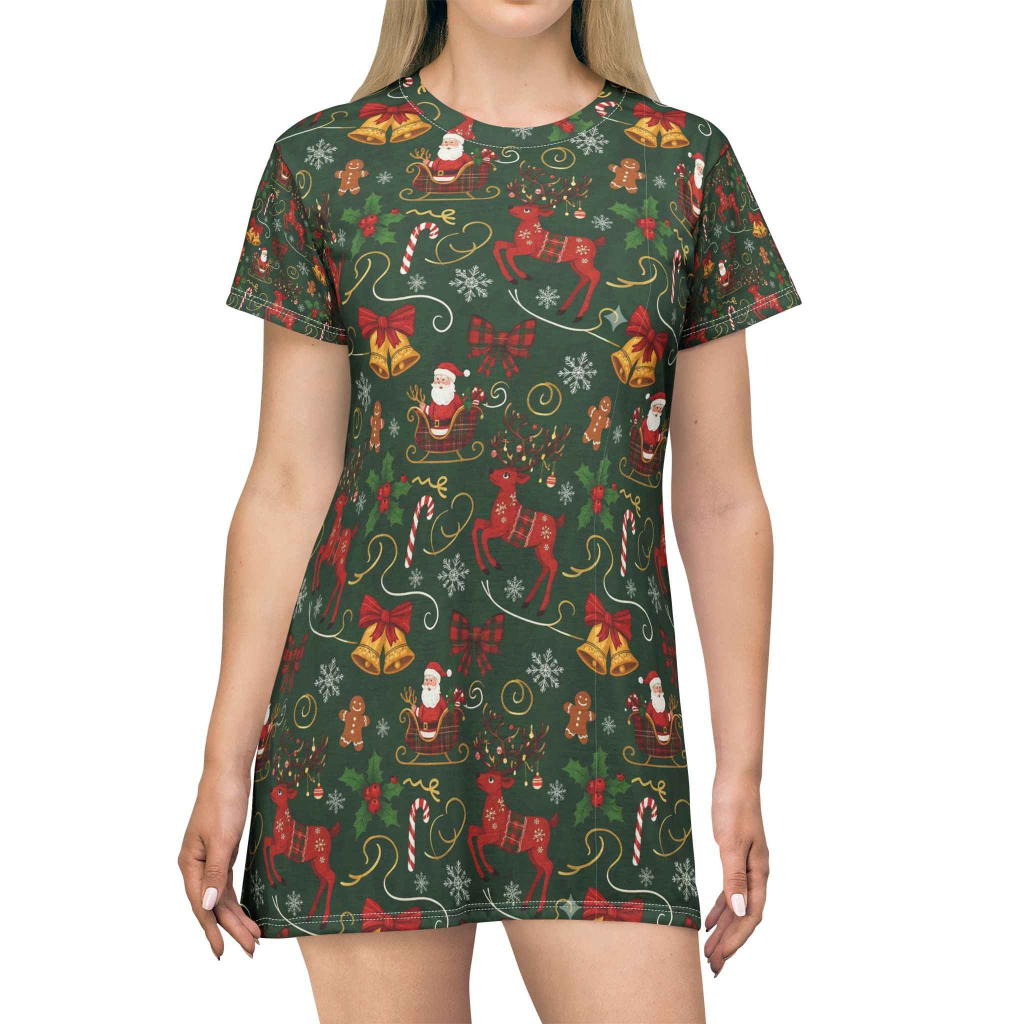 Christmas T-Shirt Dress Featuring Santa and Reindeer Design