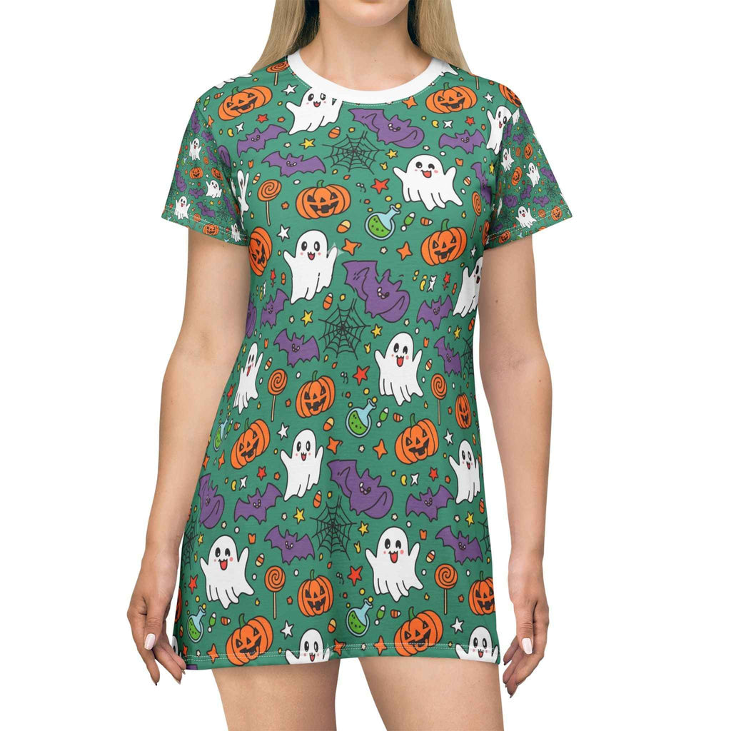 Green Halloween Ghost Dress – Cute Spooky Print T-Shirt Dress for Women