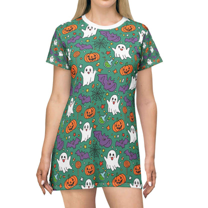 Green Halloween Ghost Dress – Cute Spooky Print T-Shirt Dress for Women