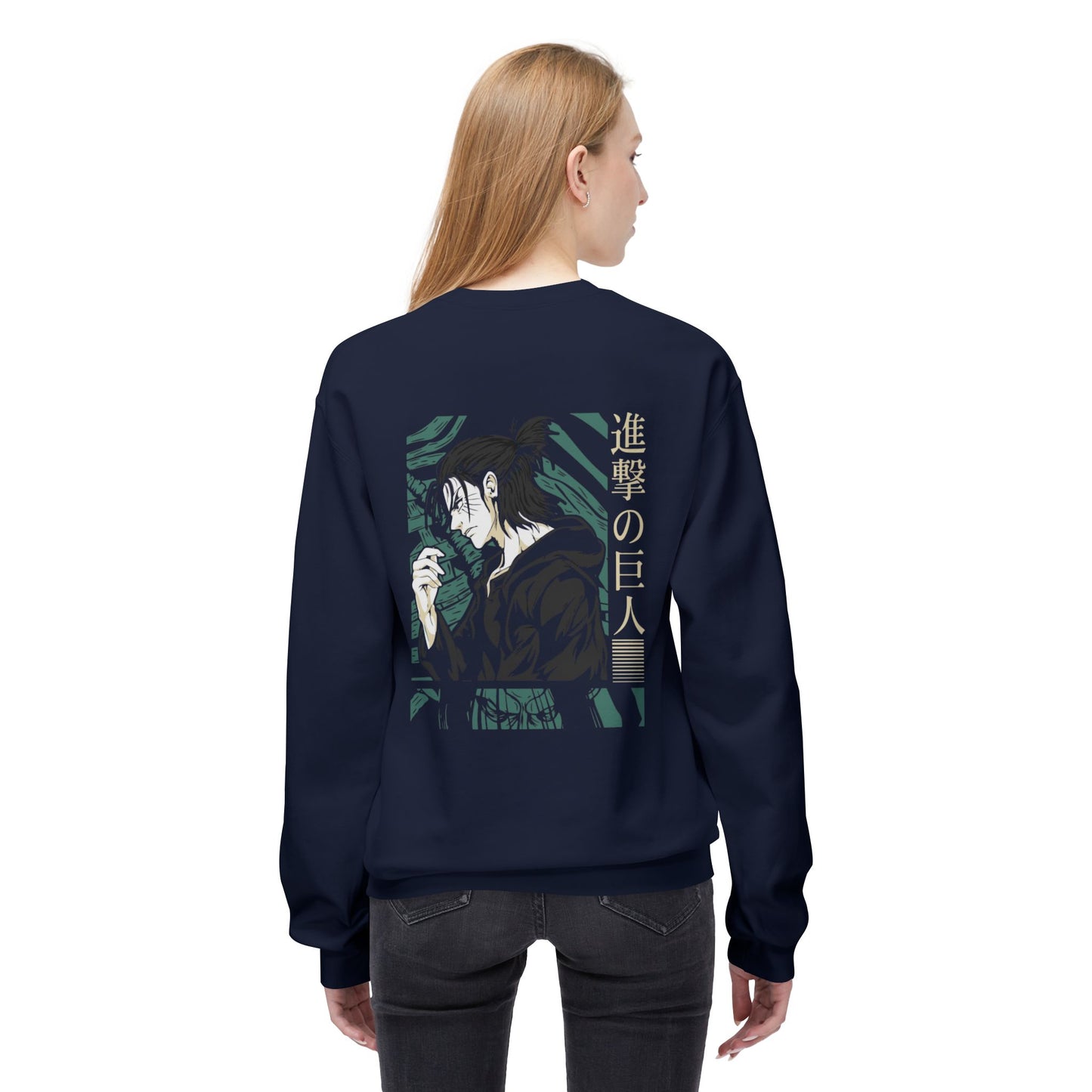 Woman wearing a navy blue hoodie with anime art and Japanese text, essentials hoodie from Ghita Shop