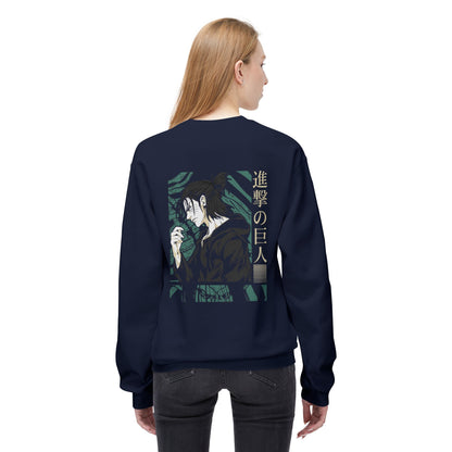 Woman wearing a navy blue hoodie with anime art and Japanese text, essentials hoodie from Ghita Shop