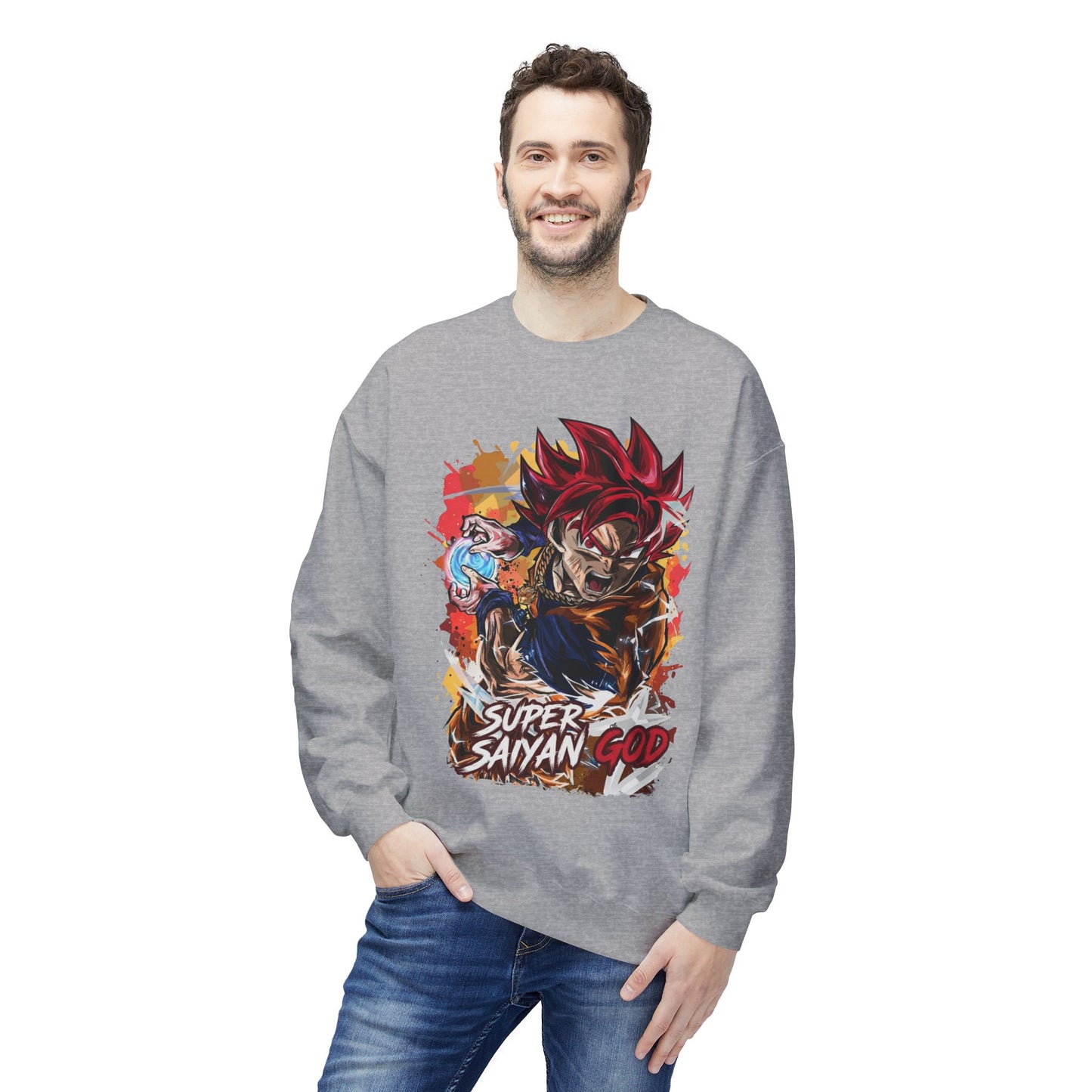 Man wearing grey essentials hoodie featuring Super Saiyan God print, cool hoodie for guys
