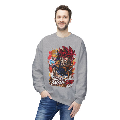 Man wearing grey essentials hoodie featuring Super Saiyan God print, cool hoodie for guys