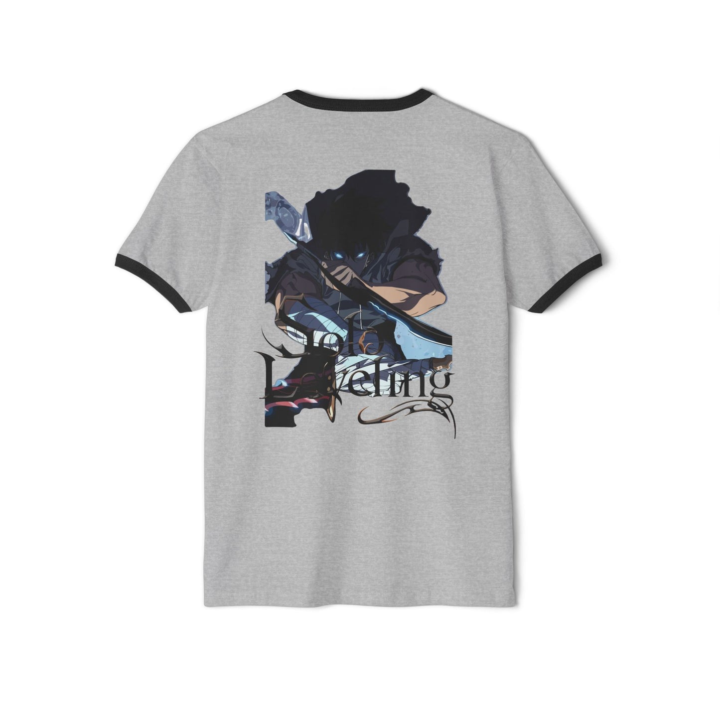 Grey ringer t-shirt with Solo Leveling anime graphic and dark character print on back, Ghita Shop