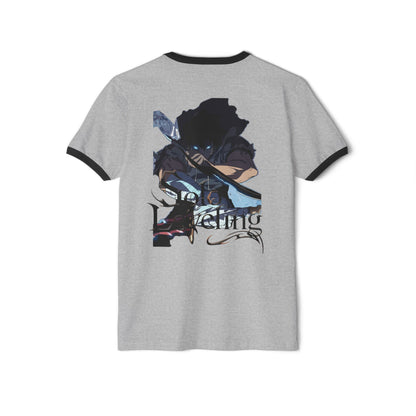 Grey ringer t-shirt with Solo Leveling anime graphic and dark character print on back, Ghita Shop