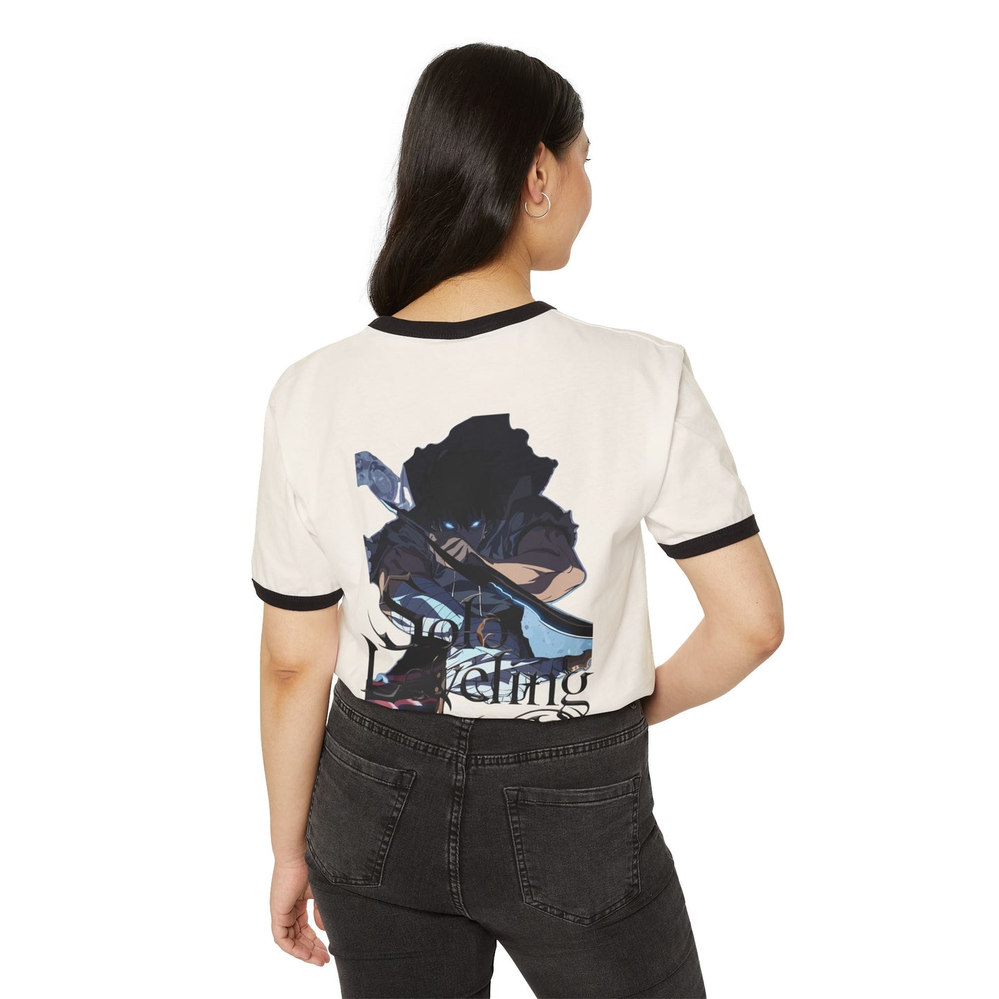 Back view of woman wearing white essentials hoodie with anime graphic design from Ghita Shop