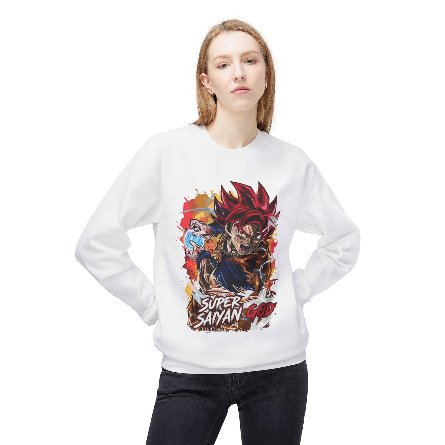 Woman wearing a white Super Saiyan God hoodie, cool anime print, Ghita Shop apparel