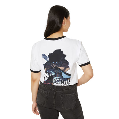 Woman wearing a white ringer T-shirt with anime graphic print on the back, black trim, casual fit