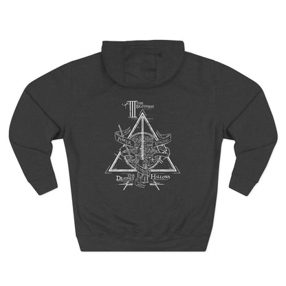 Black essentials hoodie with intricate white Deathly Hallows design and comfort fit, Ghita Shop