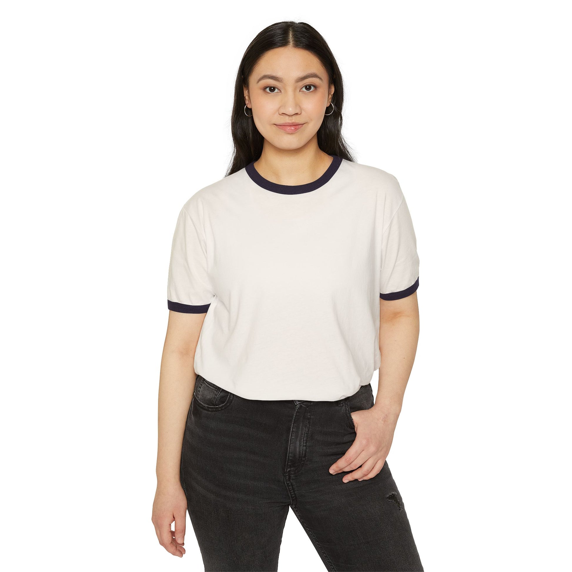 Woman in white ringer t-shirt and black jeans, casual apparel, Ghita Shop product photo
