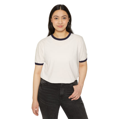 Woman in white ringer t-shirt and black jeans, casual apparel, Ghita Shop product photo