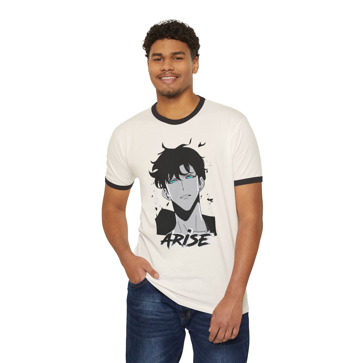 Man wearing ringer t-shirt with anime graphic and ARISE text, casual streetwear style