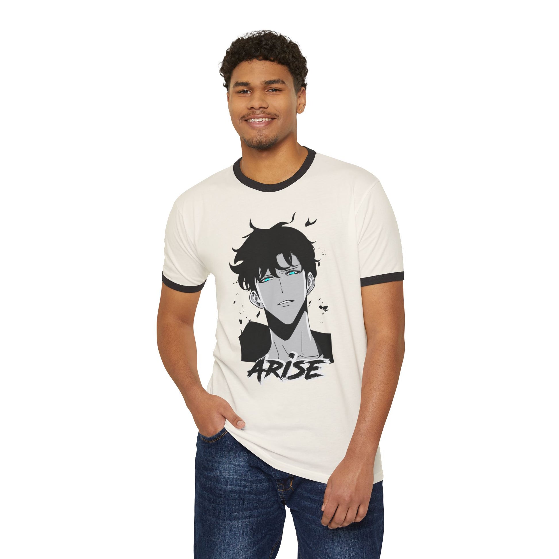 Man wearing ringer t-shirt with anime graphic and ARISE text, casual streetwear style