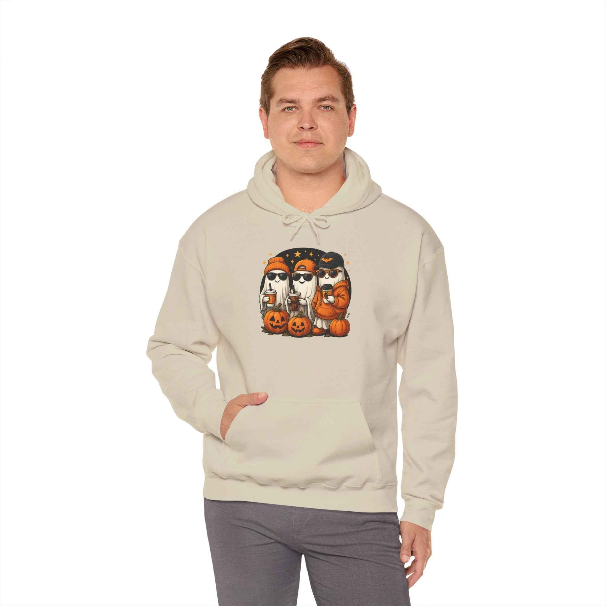 Hooded Sweatshirt with Halloween Pumpkin Baseball Cap for Dark Night Sky and Yellow Accents