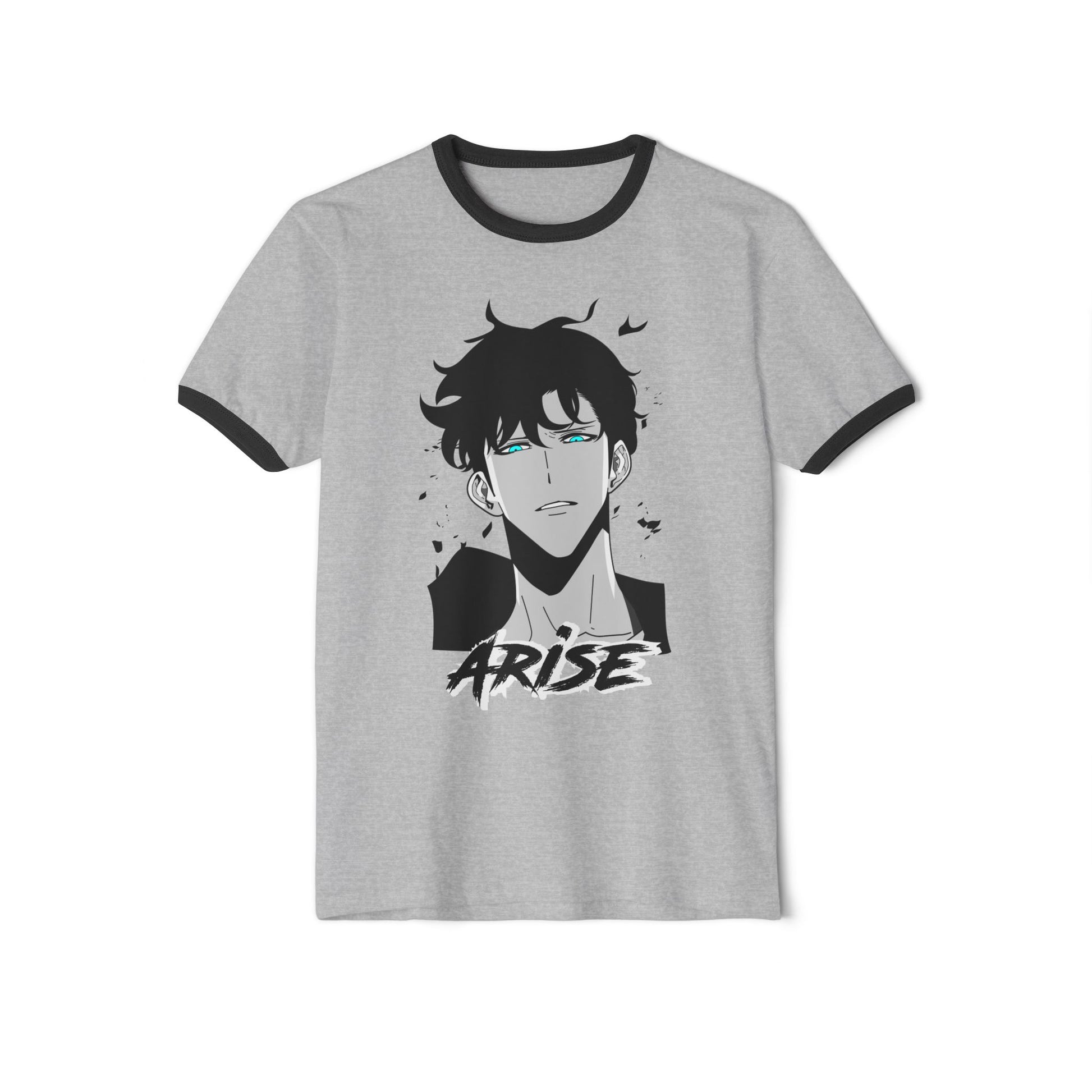 Grey ringer t-shirt with anime character graphic and 'Arise' text, Ghita Shop apparel