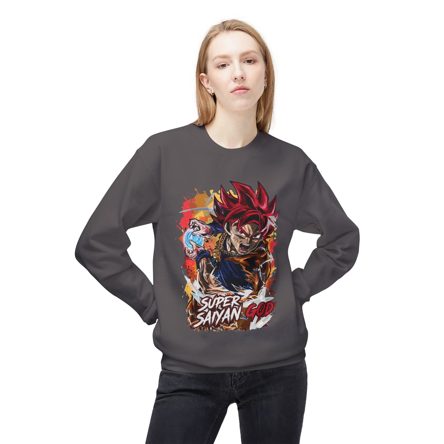 Woman wearing a black essentials hoodie with Super Saiyan God anime graphic from Ghita Shop