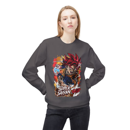 Woman wearing a black essentials hoodie with Super Saiyan God anime graphic from Ghita Shop