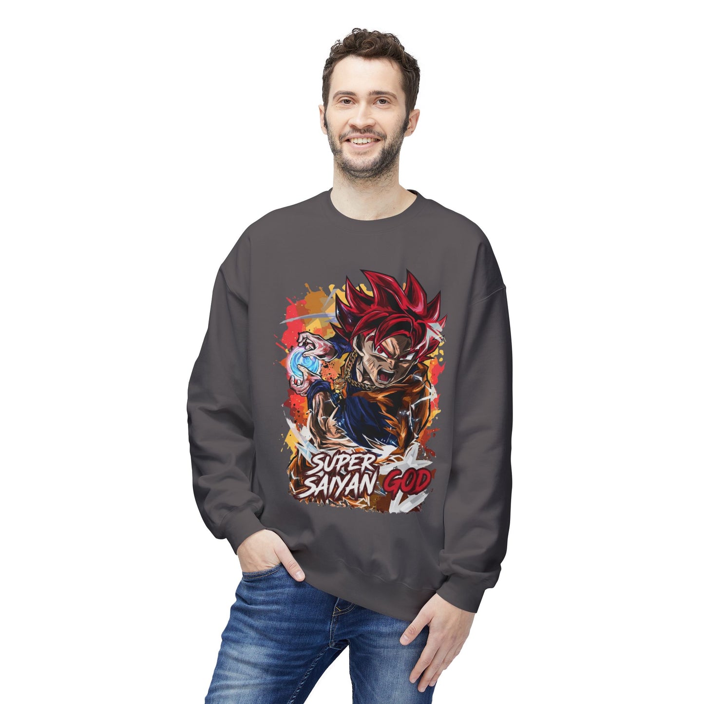 Man wearing a black essentials hoodie with Super Saiyan God anime graphic, cool hoodie for guys