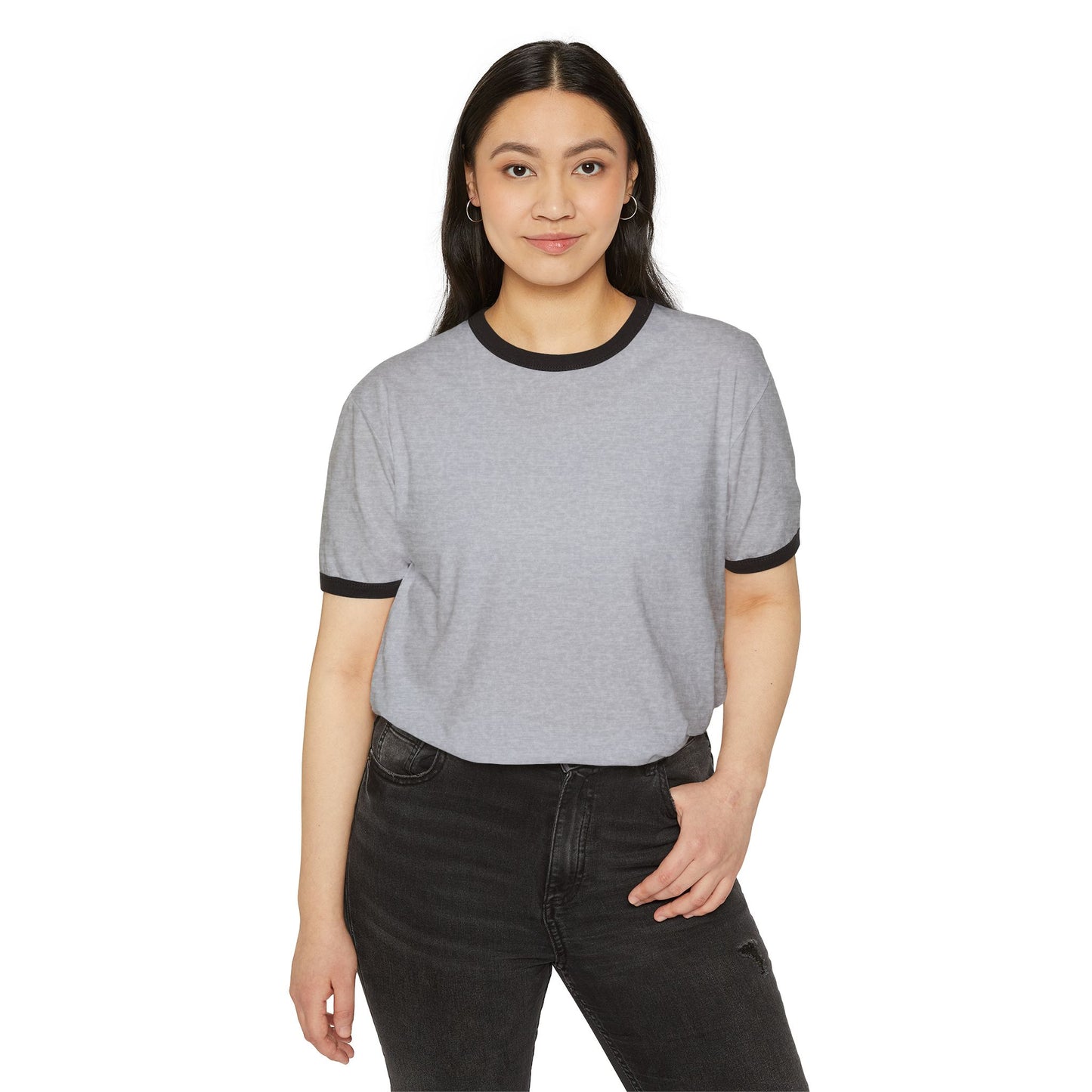 Woman wearing a grey ringer t-shirt with black trim and black jeans, Ghita Shop apparel