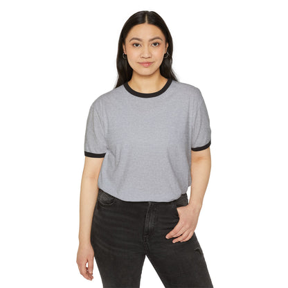 Woman wearing a grey ringer t-shirt with black trim and black jeans, Ghita Shop apparel