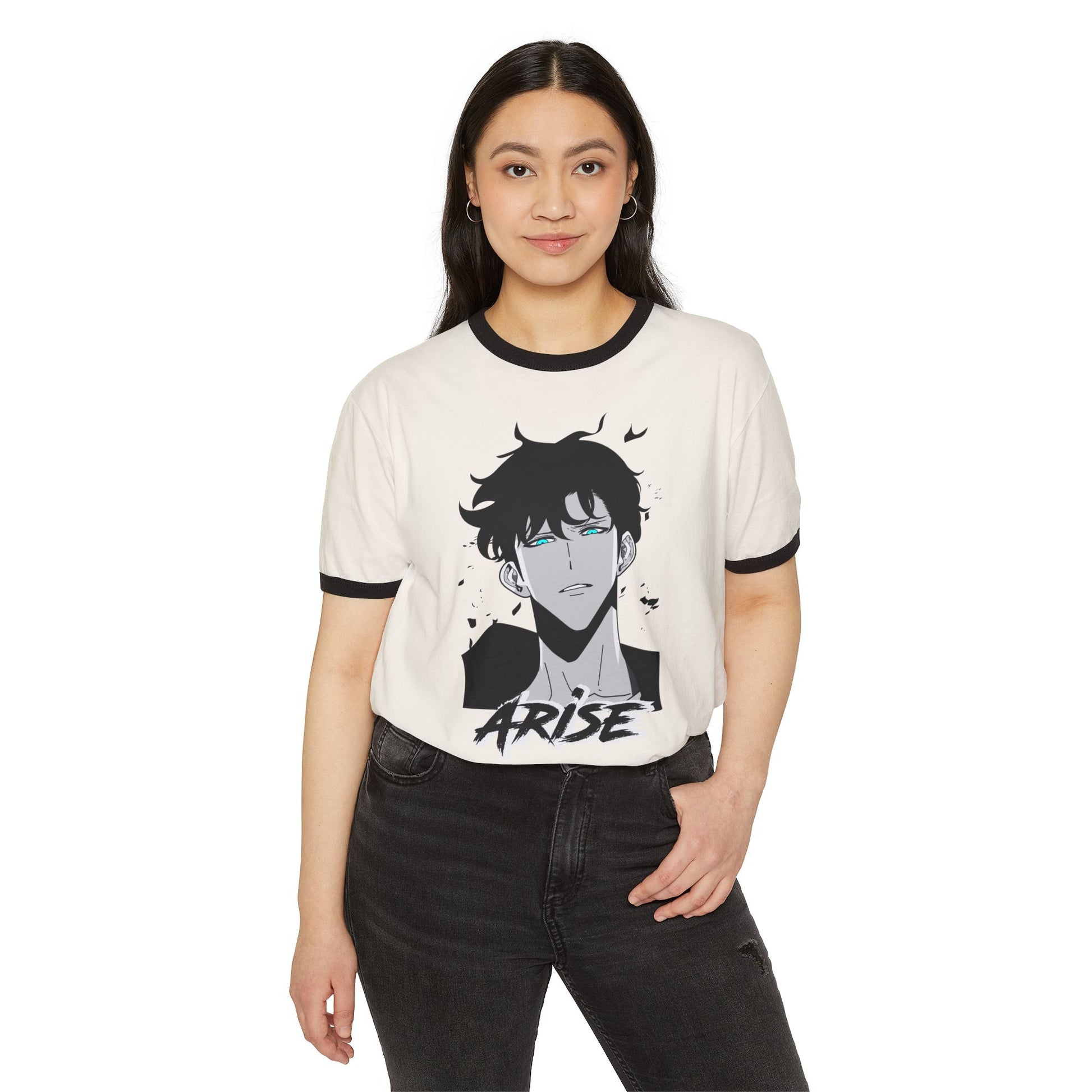 Woman wearing a white graphic tee with anime character and 'ARISE' text, casual style