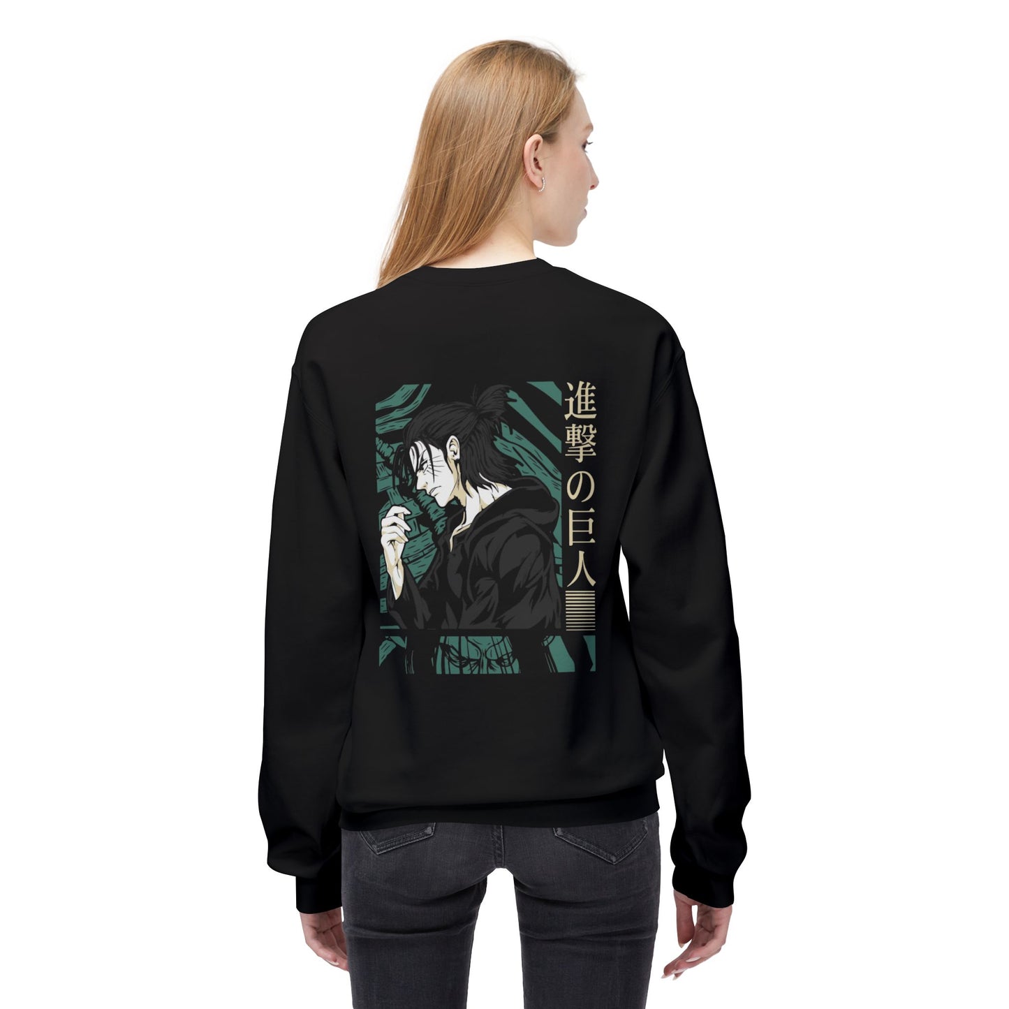 Woman wearing black essentials hoodie with anime art and Japanese text on the back, Ghita Shop