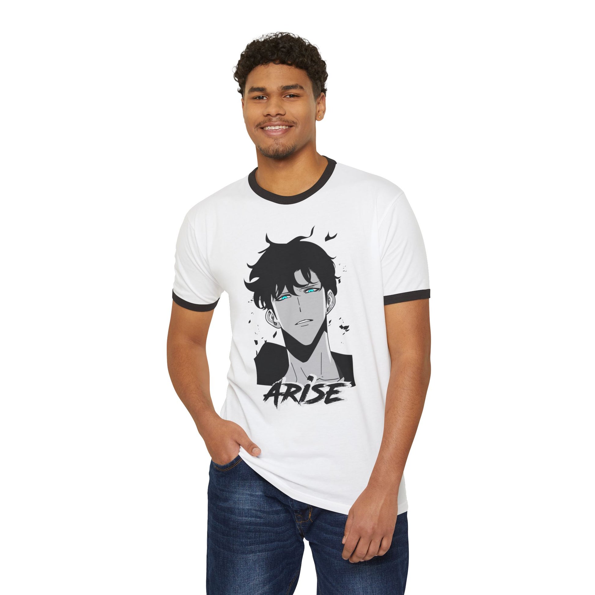 Man wearing a white ringer t-shirt with anime art and 'ARISE' text, modern casual style