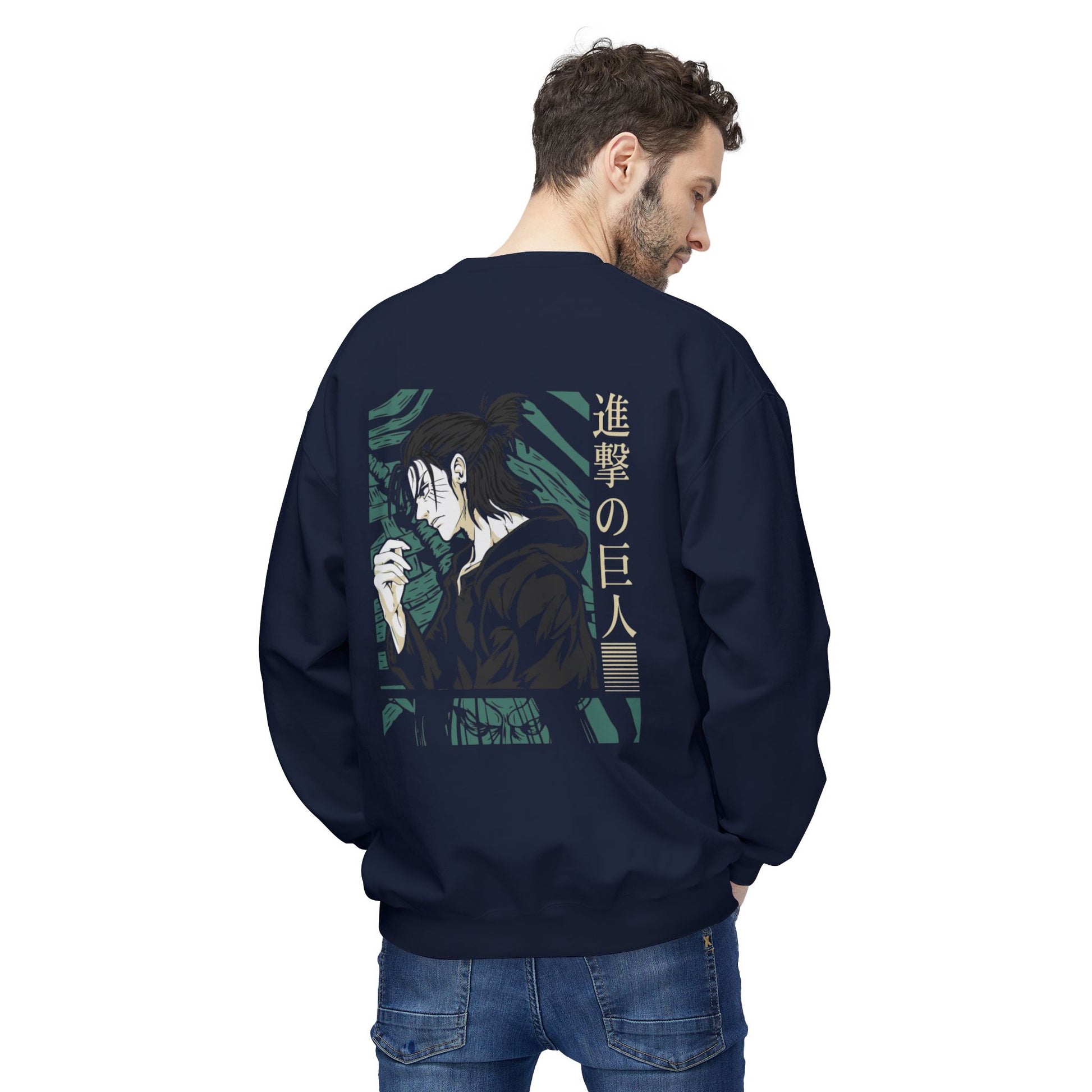Man wearing navy essentials hoodie with anime graphic and Japanese text, casual apparel