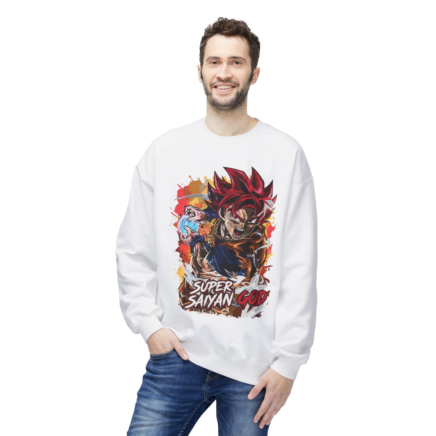 Man wearing white Super Saiyan God anime hoodie, motivational cool hoodie for men, Ghita Shop