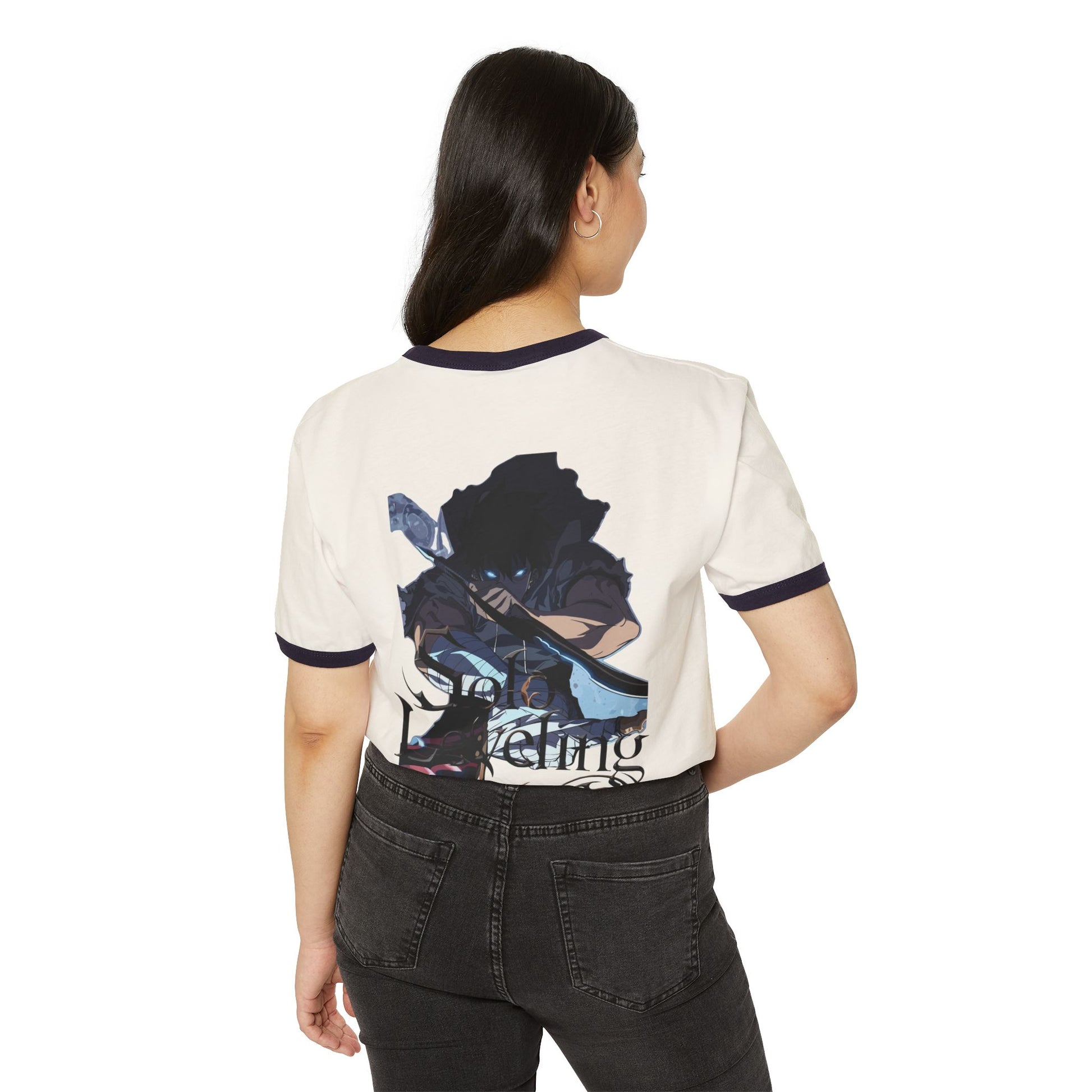 Woman wearing a white t-shirt with anime character graphic and 'Leveling' text on the back