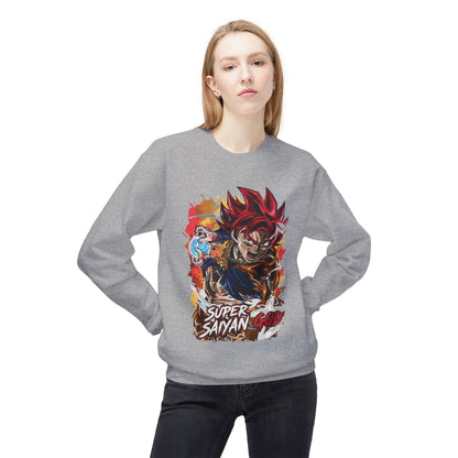 Woman wearing a grey Super Saiyan God anime graphic essentials hoodie from Ghita Shop