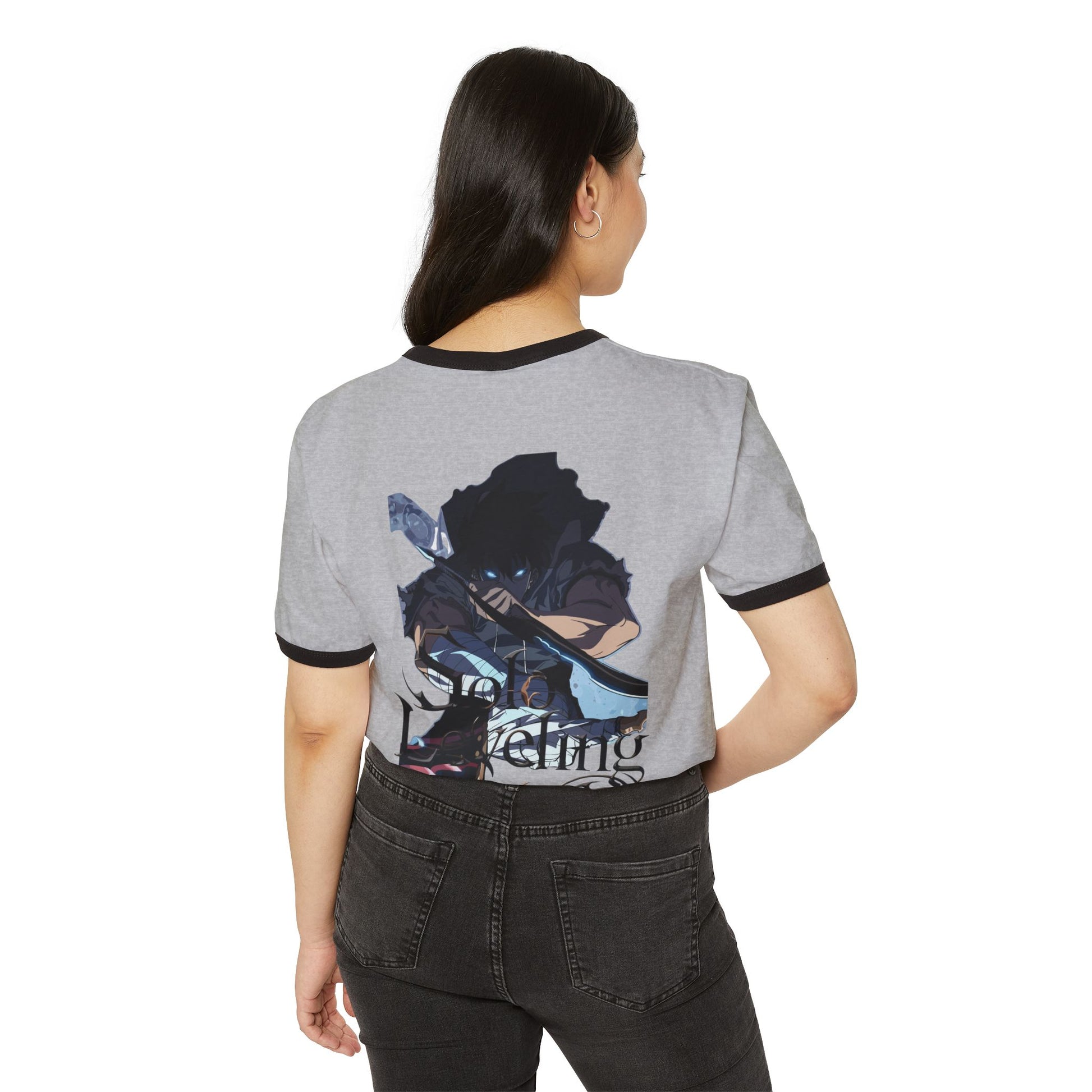 Woman wearing a grey ringer t-shirt with anime graphic and Solo Leveling artwork on the back