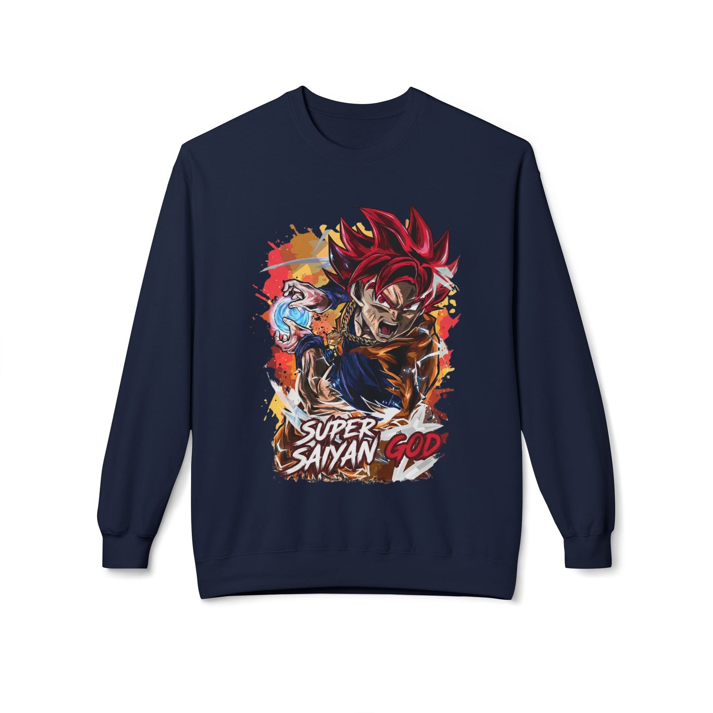 Navy blue comfort hoodie with Super Saiyan God anime graphic, cool men's essentials hoodie