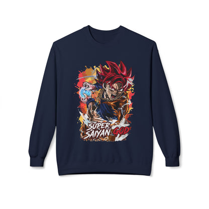 Navy blue comfort hoodie with Super Saiyan God anime graphic, cool men's essentials hoodie