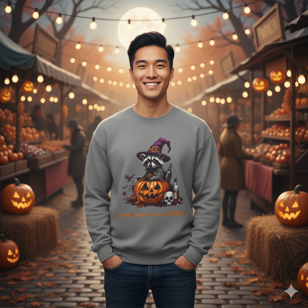 Halloween Raccoon Sweatshirt, Cozy Fall Apparel, Halloween Gifts - Ghita Shop