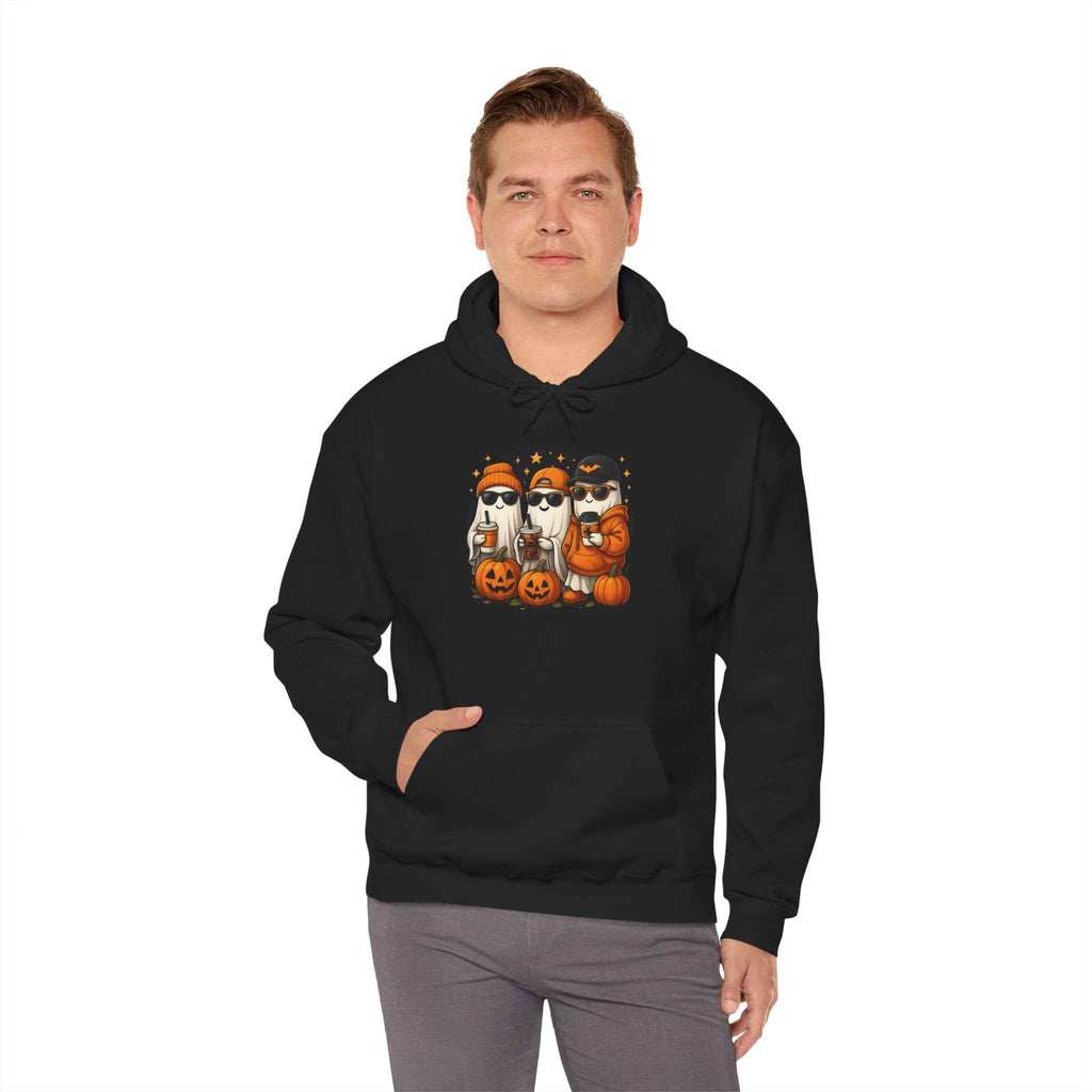 Hooded Sweatshirt with Halloween Pumpkin Baseball Cap for Dark Night Sky and Yellow Accents