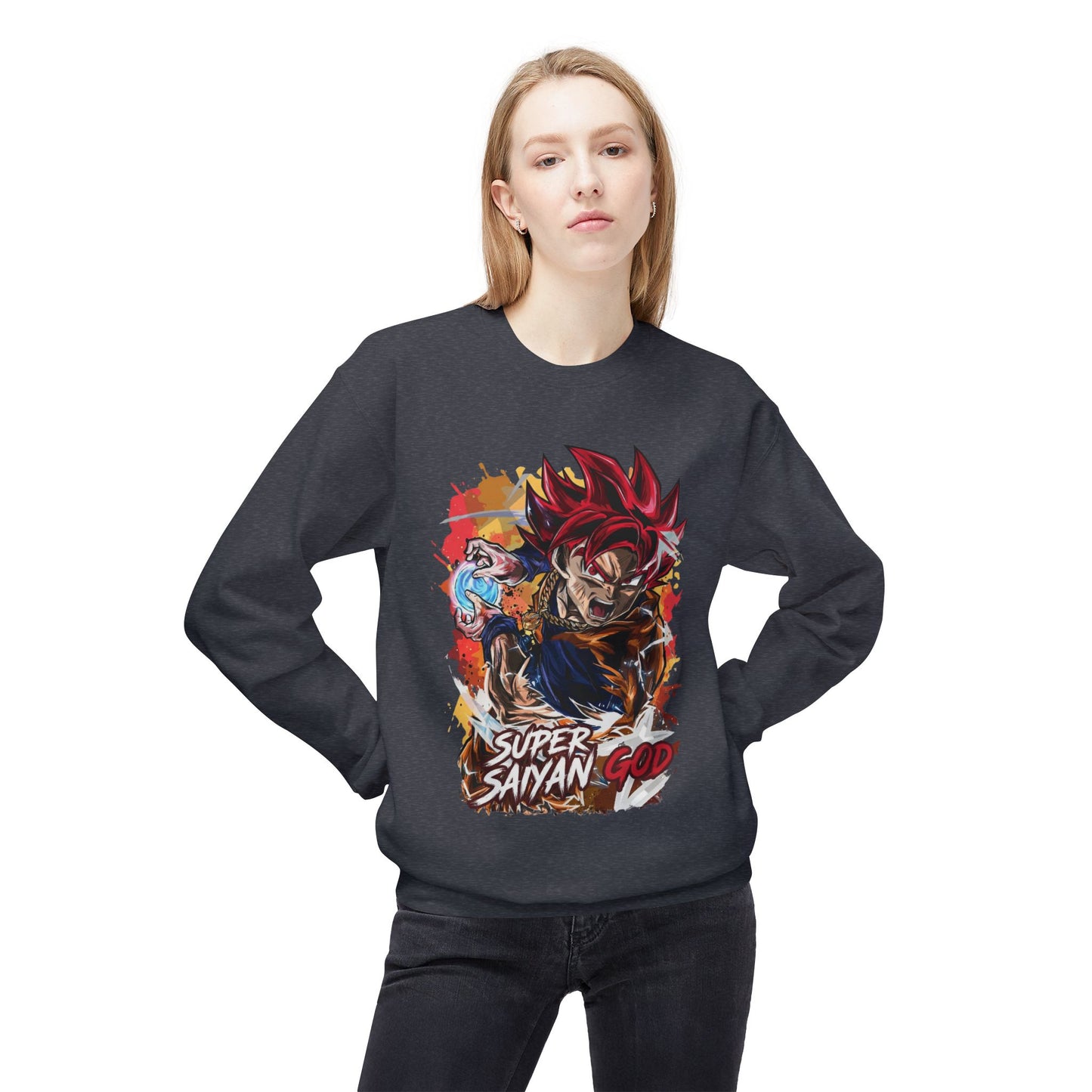 Woman wearing black Super Saiyan God hoodie, cool anime essentials hoodie from Ghita Shop