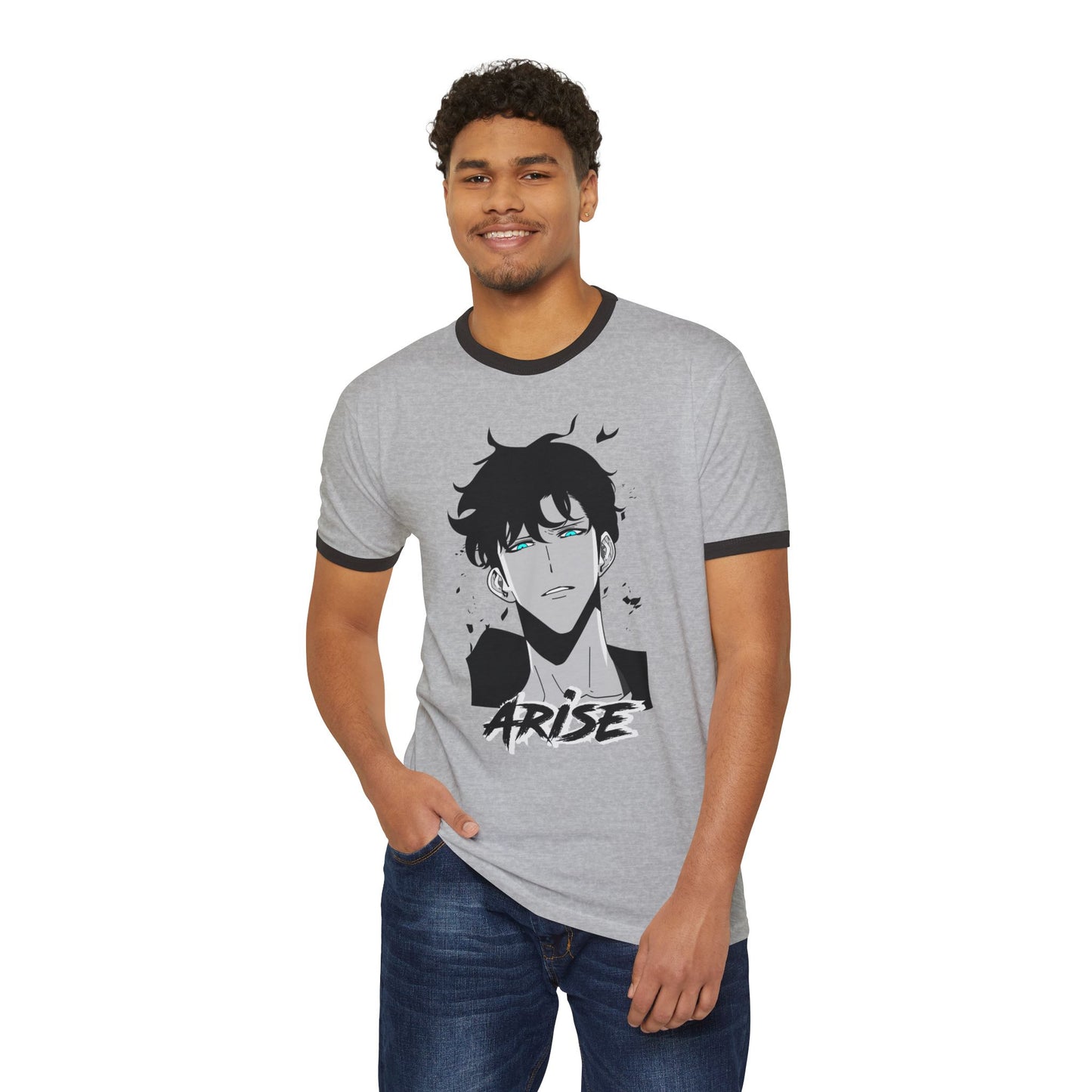 Man wearing grey anime 'Arise' t-shirt from Ghita Shop, casual modern style apparel