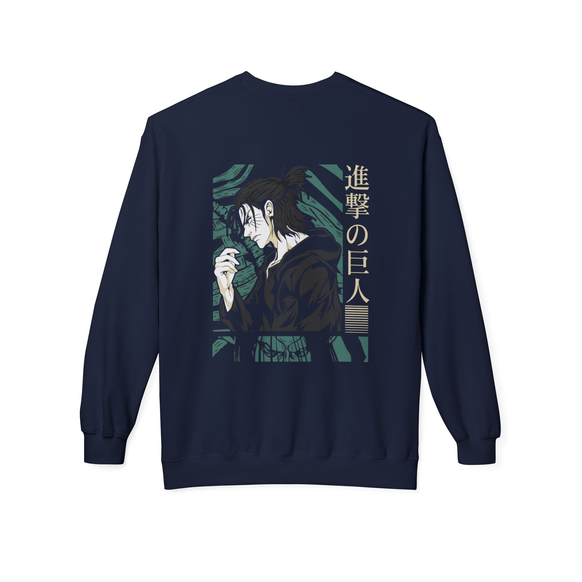 Men's black essentials hoodie with anime character and Japanese text graphic on back