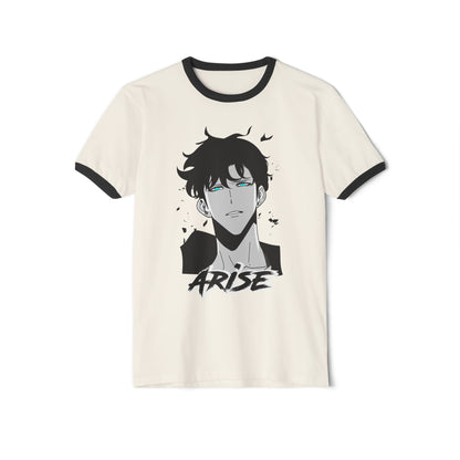 White t-shirt with black anime character graphic, blue eyes, and 'ARISE' text, Ghita Shop apparel.