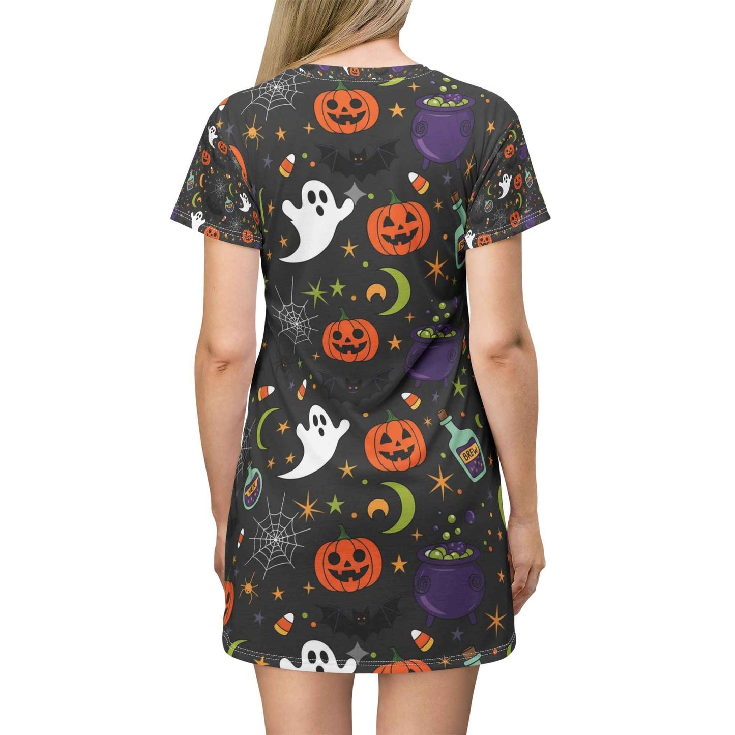 Halloween Ghost Pumpkin T-Shirt Dress – Spooky Cute All-Over Print Outfit for Women