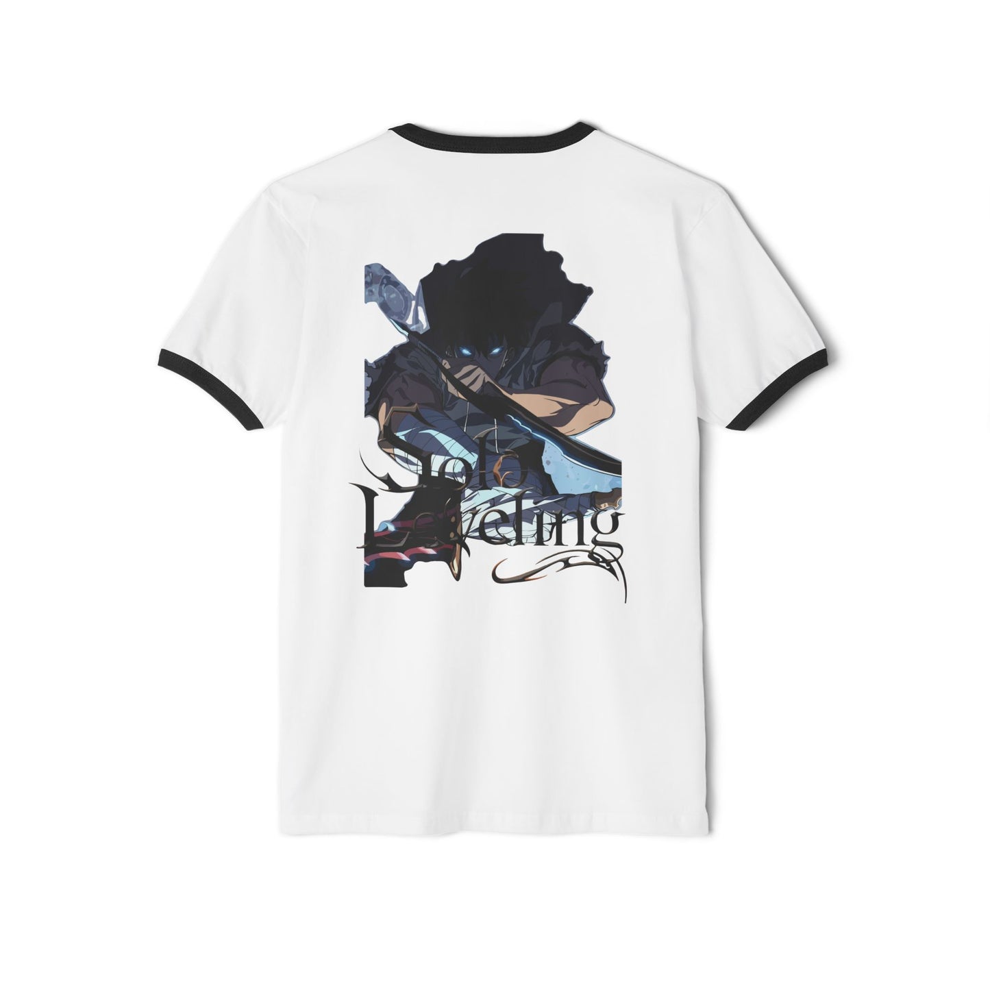 White Solo Leveling anime graphic tee with black trim, men's stylish manga T-shirt