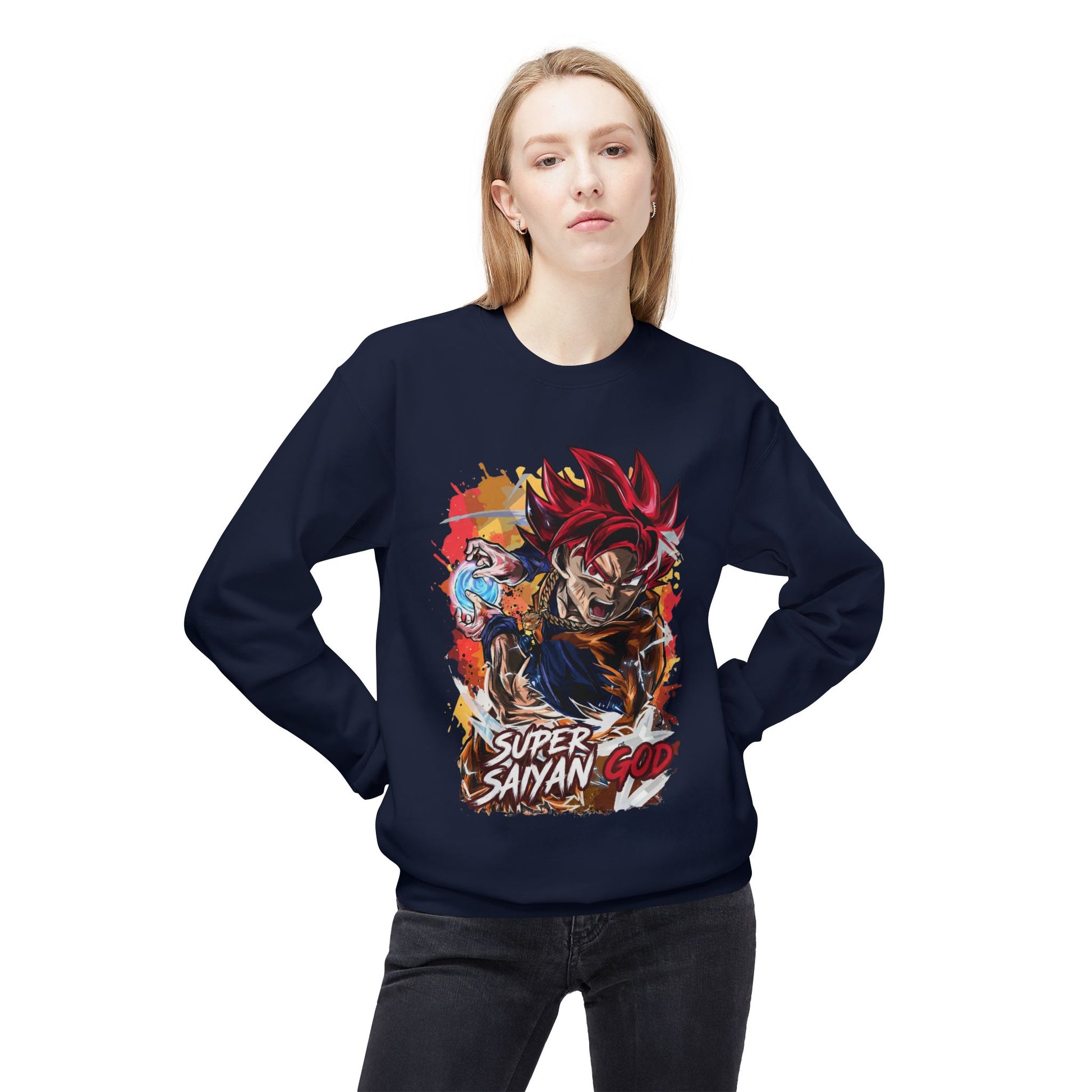 Woman wearing black essentials hoodie with Super Saiyan God anime print, cool hoodie for men