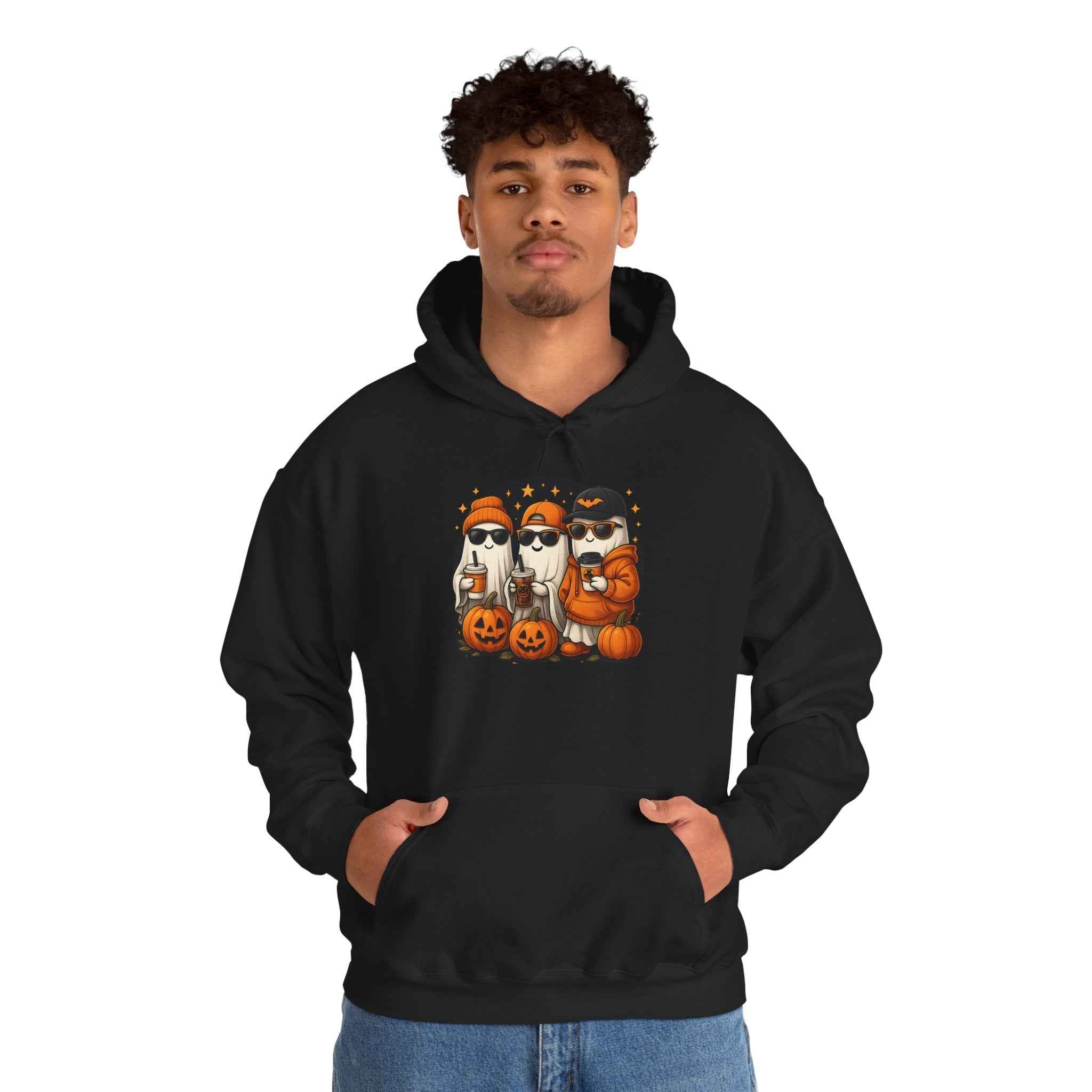 Hooded Sweatshirt with Halloween Pumpkin Baseball Cap for Dark Night Sky and Yellow Accents