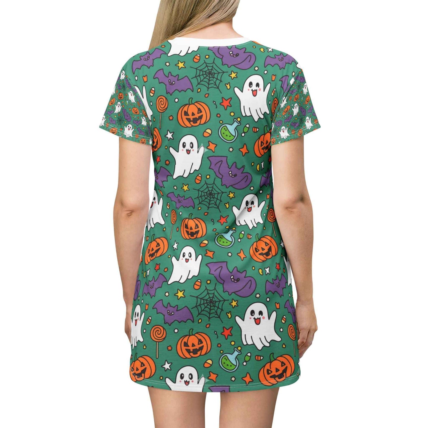 Green Halloween Ghost Dress – Cute Spooky Print T-Shirt Dress for Women