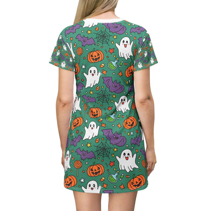 Green Halloween Ghost Dress – Cute Spooky Print T-Shirt Dress for Women